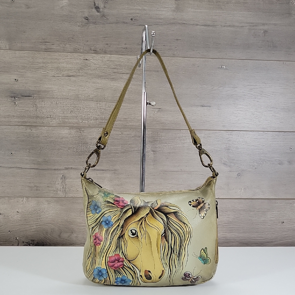 Anuschka Hand-Painted Floral Horse Shoulder Bag in Olive Green